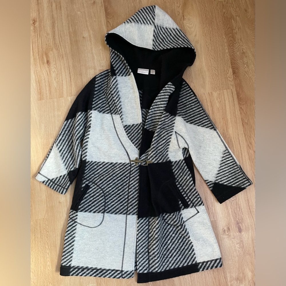 Kenar Wool Blend hooded coat jacket black white buffalo plaid large